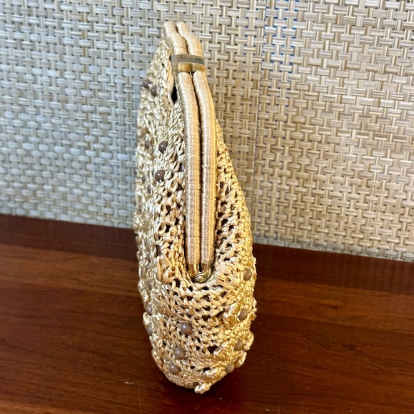 🌟HP🌟VTG 1960s-70s Tan Raffia Straw & Beaded Top Handle Clutch Handbag Japan - Picture 7 of 12